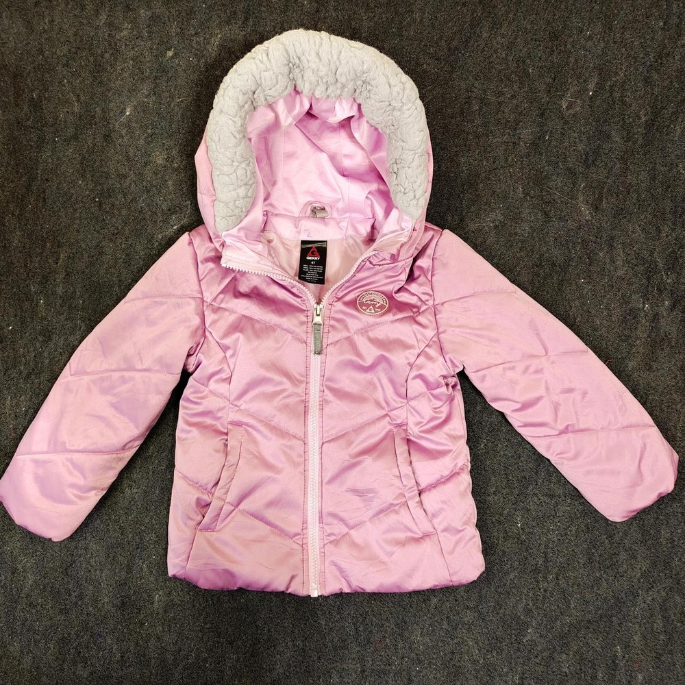 Gerry Pink Puffer Jacket Kids 4T Quilted Hooded Faux Fur Trim Winter Coat
